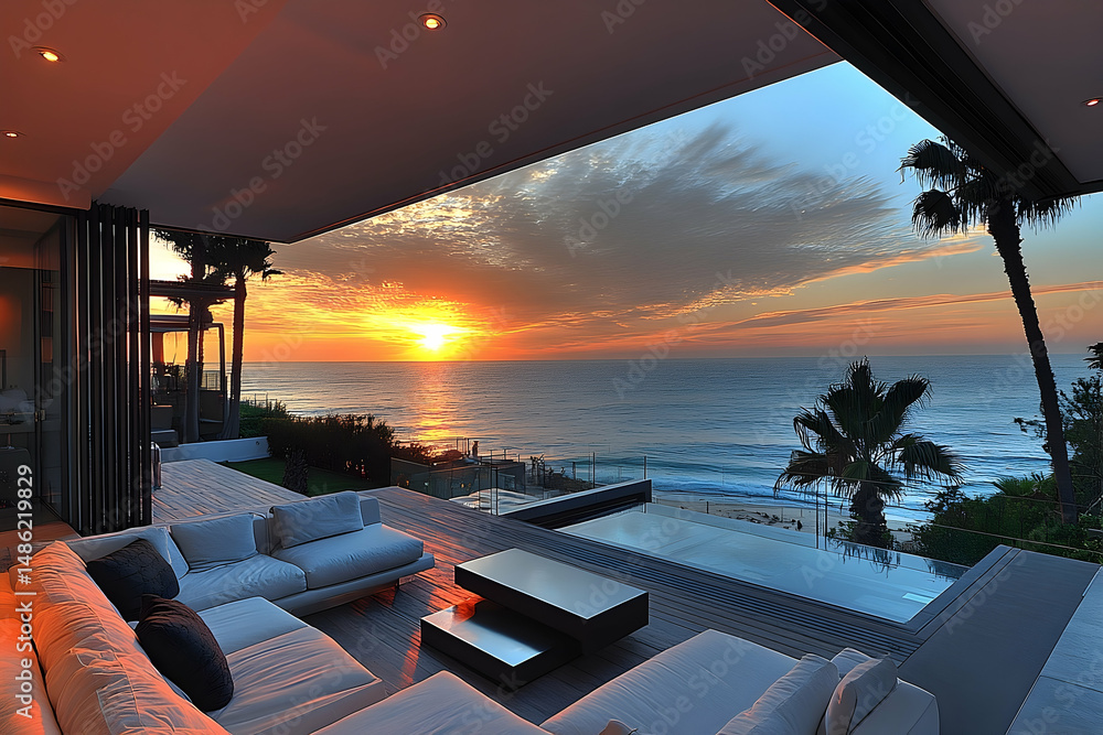 Fototapeta premium Modern oceanfront house patio sunset view luxury real estate
