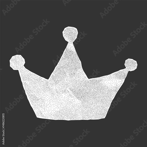 Paper crumpled crown silhouette on dark background. Sticker notebook sheet with jagged torn edges, dotted gritty texture, royalty halftone element.