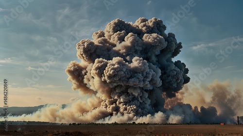 Nuclear explosion of an atom bomb with a mushroom cloud causing an apocalyptic Armageddon through the use of a weapon of mass destruction