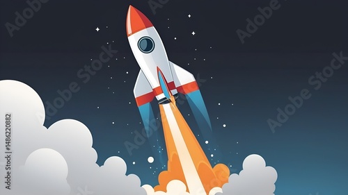 Rocket ship with space and stars on blue background. Flat icon. Vector illustration with flying shuttle. Space travel. Space rocket launch. New project start up concept. Creative idea.