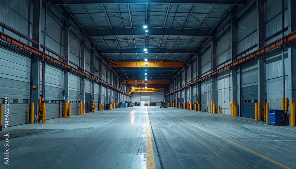 Obraz premium Spacious Warehouse Interior with Loading Docks and Ambient Lighting