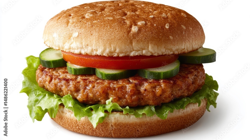 Juicy veggie burger on a sesame seed bun with lettuce, tomato, and cucumber slices. Juicy veggie burger on a sesame seed bun with lettuce, tomato, and cucumber slices.