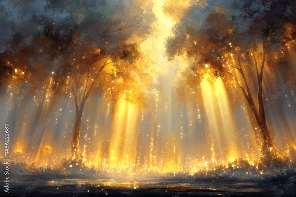 Fototapeta premium Golden sunlight streams through the trees in a magical forest. Sparkling particles fill the air, creating an ethereal atmosphere