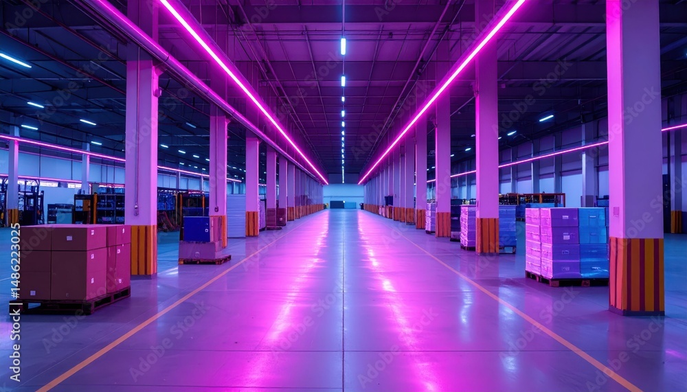 Fototapeta premium Bright Neon Accents in a Spacious Industrial Fulfillment Center