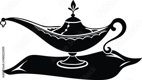 Black and white depicts an oil lamp upon a flying carpet motif