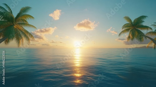 Serene Sunset Paradise: Tropical Ocean View with Palm Trees