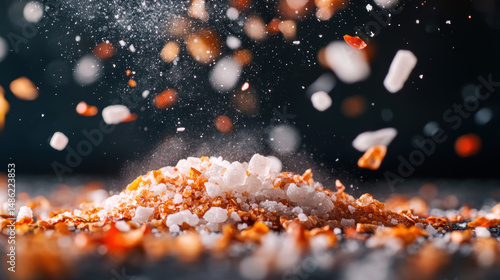 Fototapeta Naklejka Na Ścianę i Meble -  Sea salt and chili flakes flying in burst with rustic texture background creating dynamic culinary mood with vibrant orange and white colors in motion