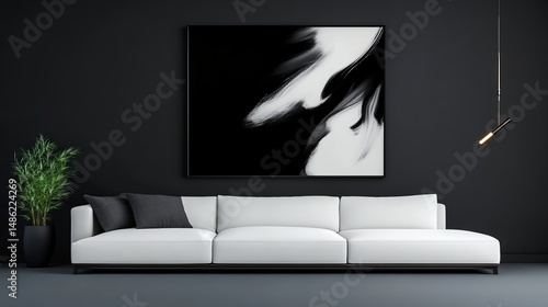 Living room features a white sofa, dark pillows, black wall art, and modern pendant lighting.