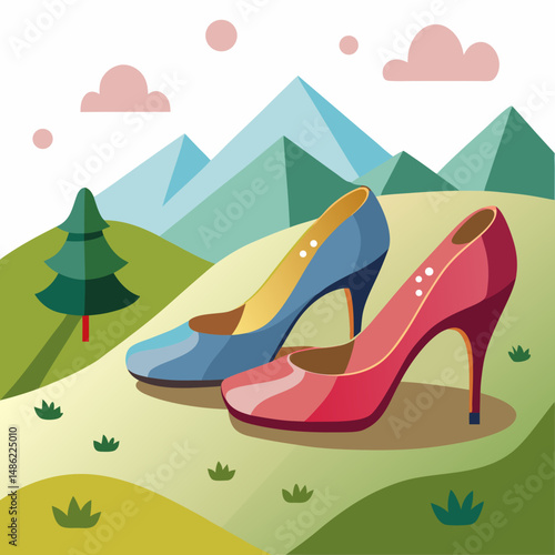 Elegant High Heels in a Mountain Landscape Illustration