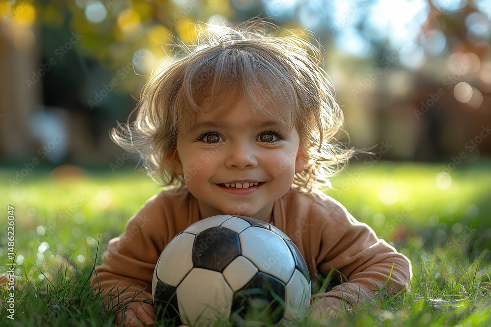 Enfant jouant au football dans un jardin ensoleillé, ballon noir et blanc sur l’herbe, ambiance joyeuse et automnale Enfant jouant au football dans un jardin ensoleillé, ballon noir et blanc sur l’herbe, ambiance joyeuse et automnale