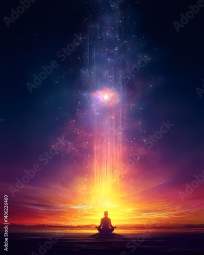 A silhouette of a person meditating at sunset, with a bright light emanating from their crown chakra, reaching toward the heavens
