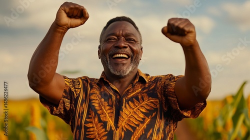 Man raises his fists in the air smiling with a field of corn in the background. - high quality Man raises his fists in the air smiling with a field of