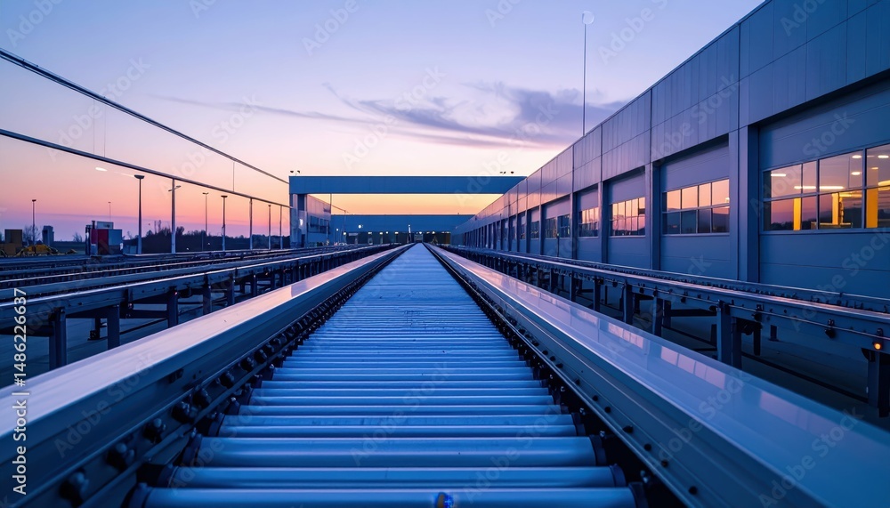 Fototapeta premium Automated Conveyor Belts in a Minimalist Warehouse at Dusk