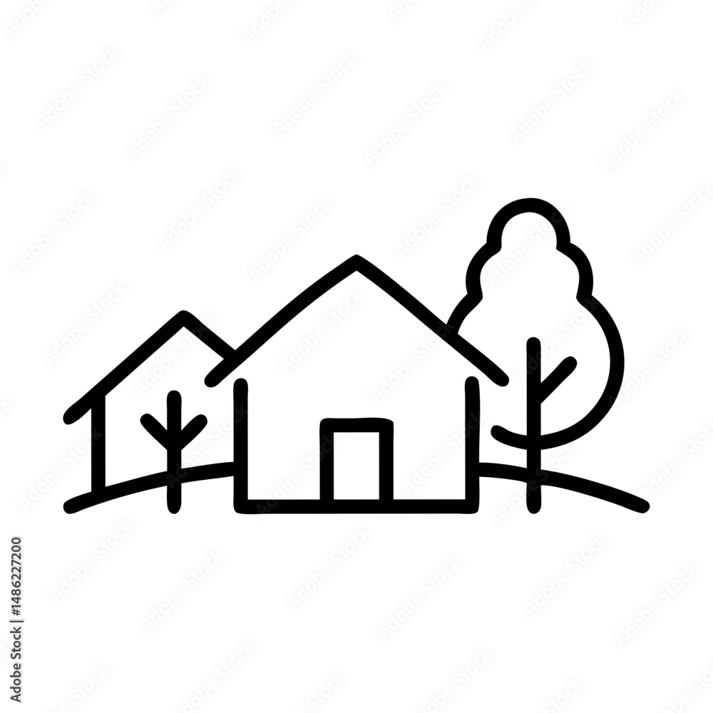 House and Trees Icon Representing Countryside Property and Rural Living House and Trees Icon Representing Countryside Property and Rural Living