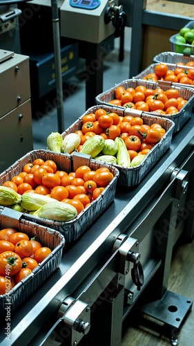 Fresh tomatoes and zucchini on conveyor belt in food processing plant  