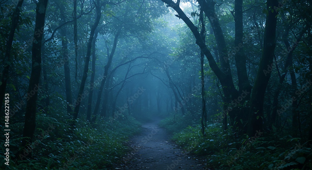 Fototapeta premium A mysterious forest path shrouded in mist, creating an enchanting and serene atmosphere