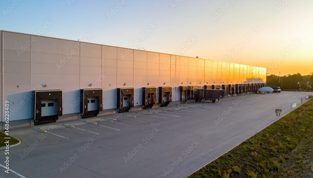 Obraz premium Minimalist Distribution Center with Docks during Golden Hour