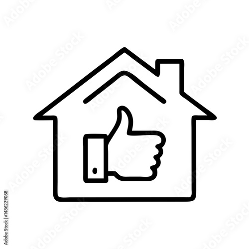 House with Thumbs Up Icon Representing Property Approval and Real Estate Satisfaction