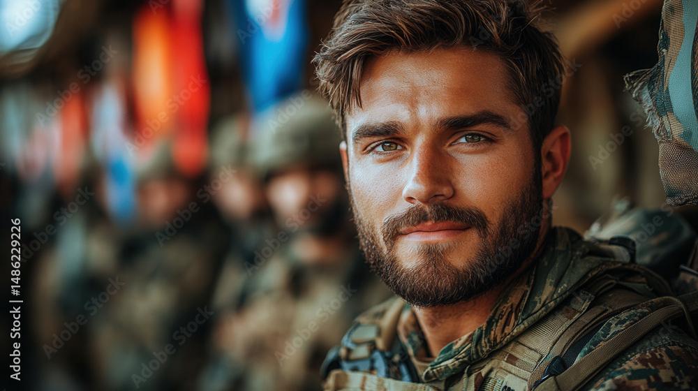 Fototapeta premium Proud military medic standing tall in uniform in front of a large American flag during an oath ceremony, solemn and respectful atmosphere