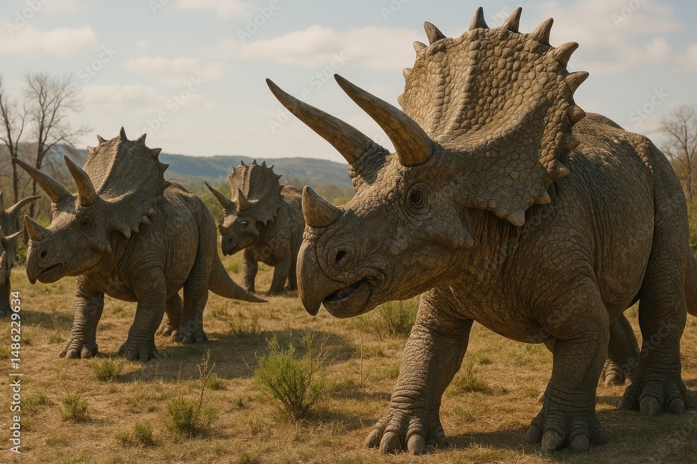 Fototapeta premium Majestic triceratops roam ancient landscape.