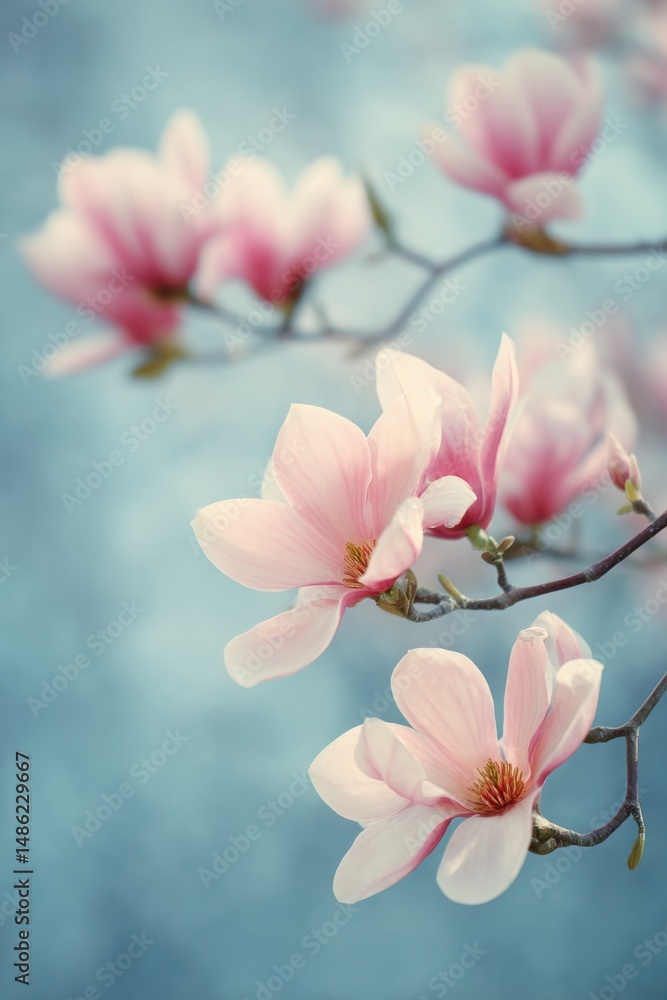 Obraz premium Blooming magnolia flowers against a soft blue background during springtime in a tranquil garden setting