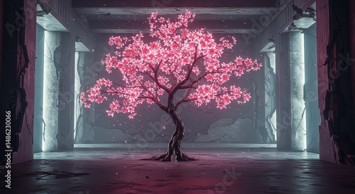 Glowing cherry blossom tree in futuristic space