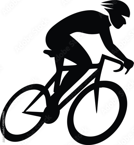 Black silhouette shows a cyclist racing forward, wearing helmet and riding a bike