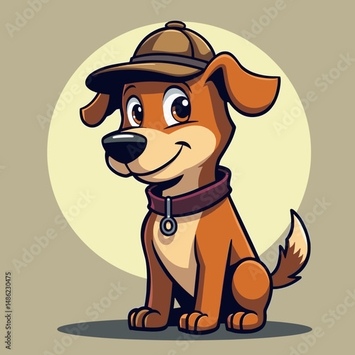 Cartoon dog wearing a hat and collar with a happy expression  
