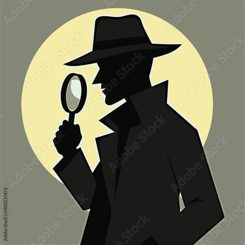 Mysterious detective holding magnifying glass against circular background  