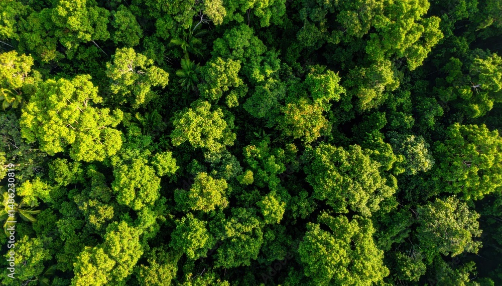 Naklejka premium Aerial View of Lush Forest: A vibrant bird's-eye perspective of a thriving, verdant forest canopy, demonstrating the grandeur of natural forestry and vitality.