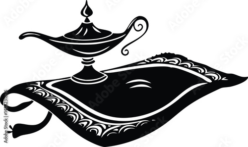 Black silhouette shows oil lamp sitting on an intricately designed magic carpet in vector