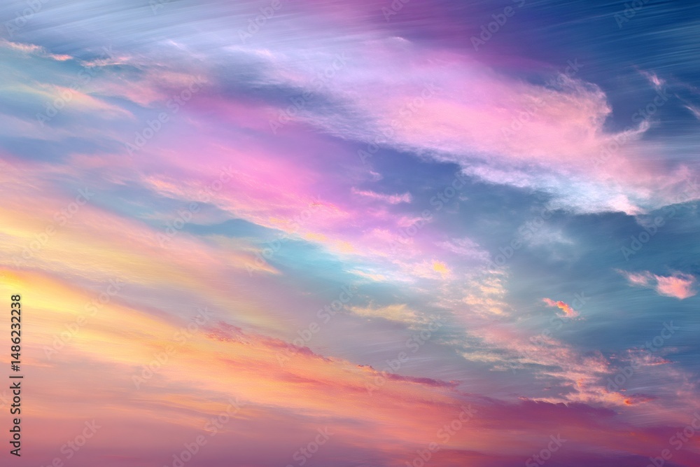 Obraz premium A breathtaking view of colorful clouds, painted across the sky, creating a beautiful and dynamic atmosphere. The clouds have different hues, and their shapes and patterns captivate the viewer's eye