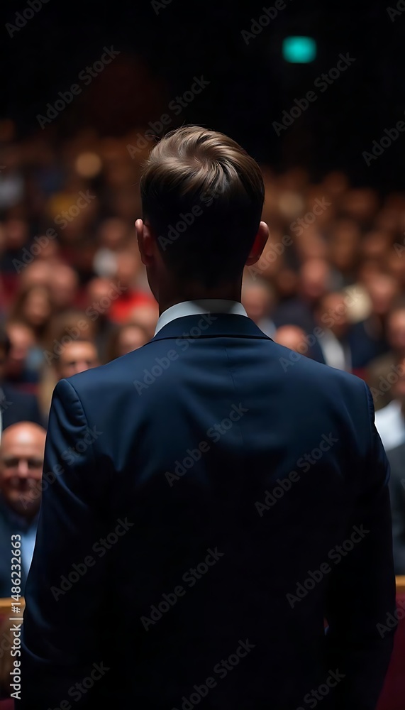 Generative AI The speaker's back is on the stage in front of a large audience Generative AI The speaker's back is on the stage in front of a large audience
