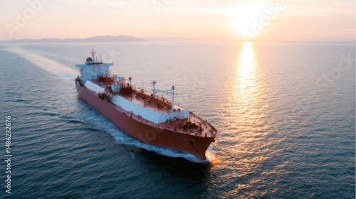 Fototapeta Naklejka Na Ścianę i Meble -  Large LNG tanker ship moves smoothly over tranquil ocean waves as the sun sets, casting golden reflections on water, with ample space available on the right
