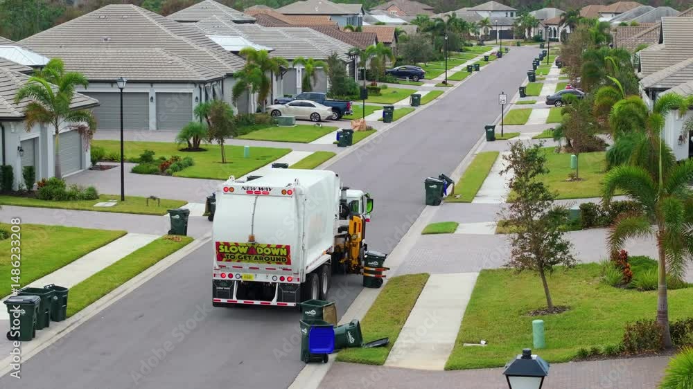 Garbage truck loading trash bin from the curb of American neighborhood.