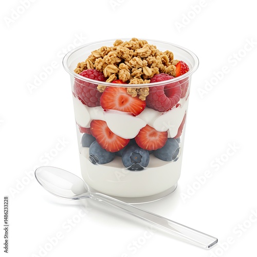 yogurt parfait with fruit layers and granola topping in plastic cup, spoon on side, product focused layout, isolated on white background