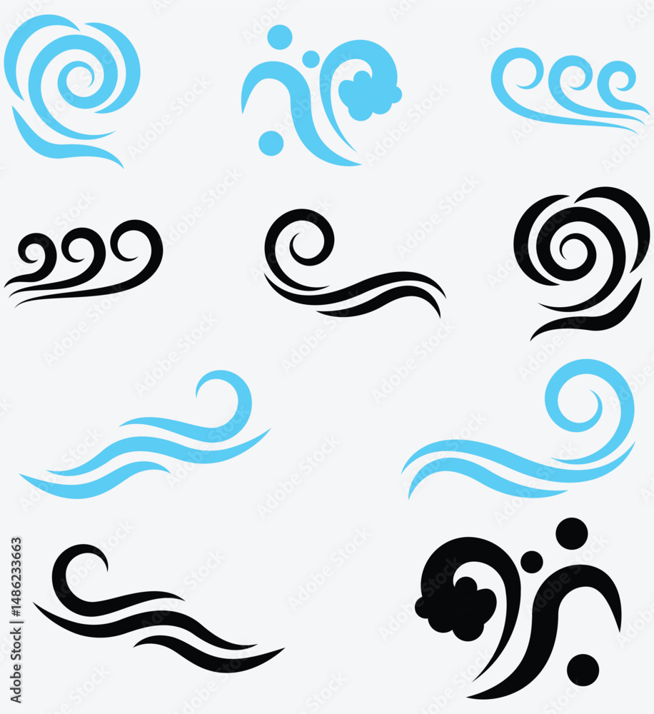 Fototapeta premium Art line set of Wave icon. Flat and simple wave vector. Abstract Wave beach symbol or logo design collection. Set of wavy zigzag lines. Wave Blue vector design elements. 