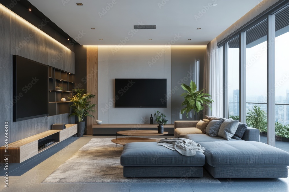 Fototapeta premium Well appointed living area with large windows and comfortable furniture set