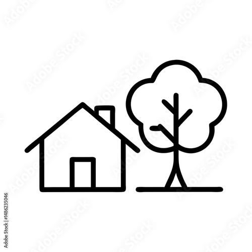 Tree and House Icon Representing Suburban Property and Residential Living