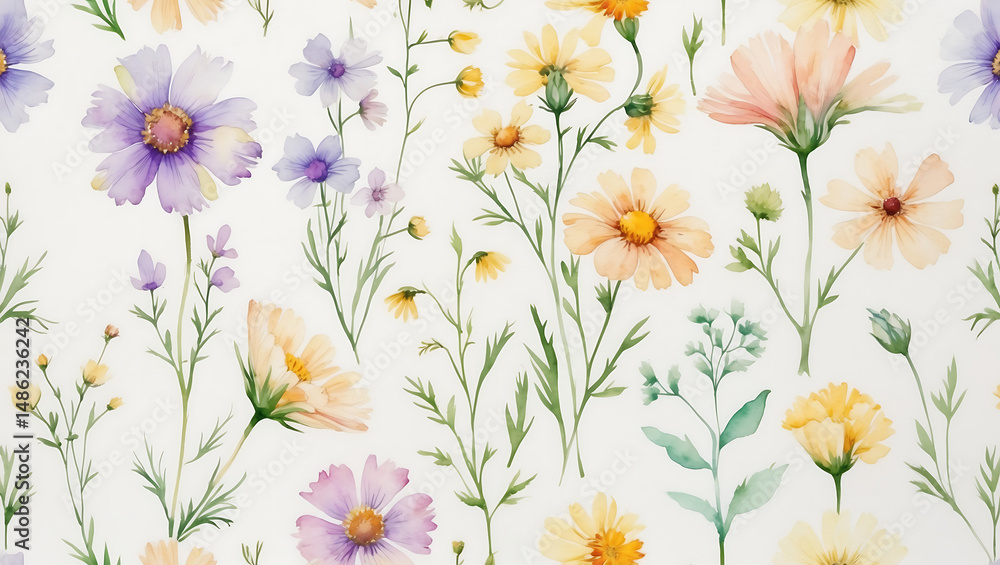 Delicate Seamless Watercolor Pattern of Wildflowers Delicate Seamless Watercolor Pattern of Wildflowers