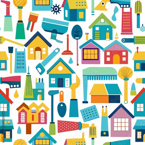 Colorful pattern featuring homes and cleaning tools