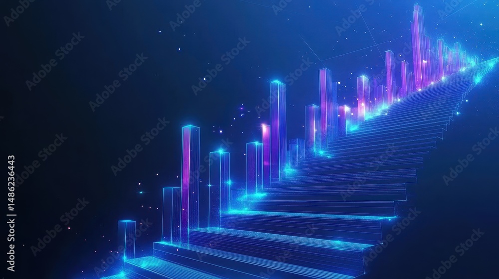 Fototapeta premium Digital stock market chart with step graph, rising bars representing investment growth, blue financial background, futuristic business analysis concept, economic trends visualization.