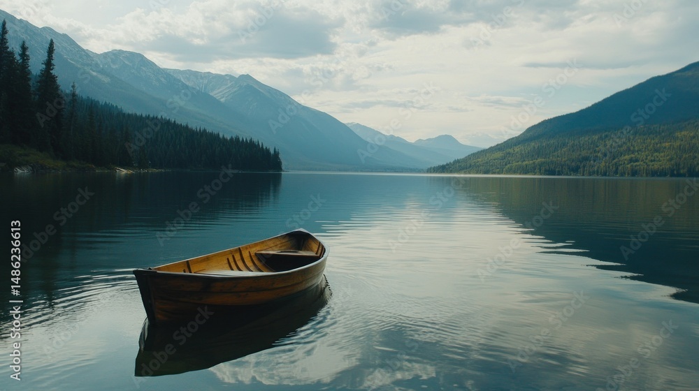 Tranquil lake with a solitary boat under a majestic mountain backdrop Tranquil lake with a solitary boat under a majestic mountain backdrop