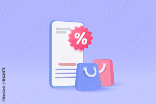 3d mobile phone with price tags for online shopping concept. Basket with promotion tag discount coupon of cash for future, special offer promotion. 3d price tags icon vector render illustration