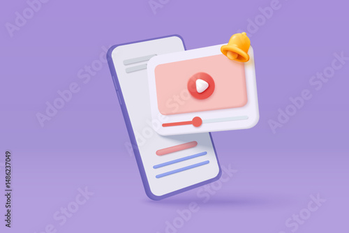 3d social media with live streaming and bell alert on mobile phone. Social media online playing video for make money passive income concept. 3d mobile entertainment icon vector render illustration