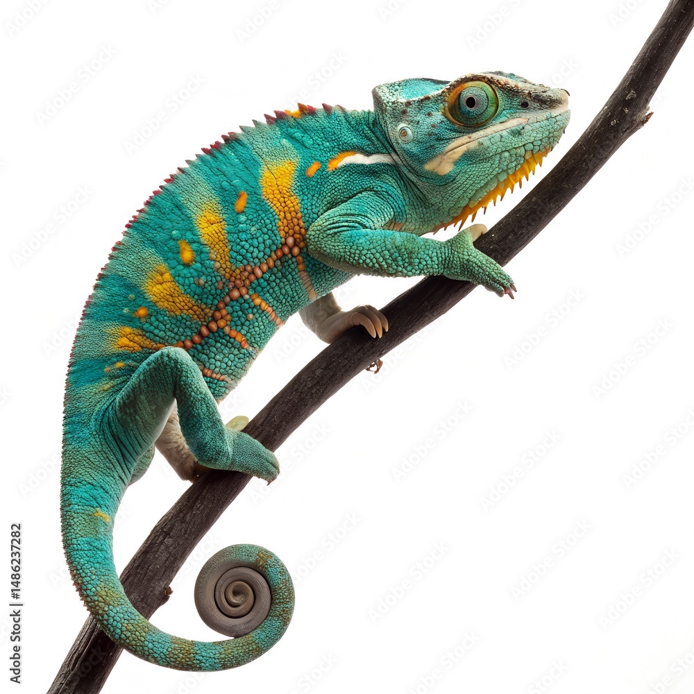 Obraz premium Vibrant Panther Chameleon on Branch Isolated on White Background