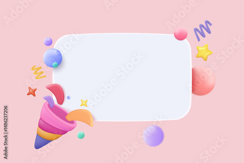 3d party poppers with flying confetti for announce promotion in new year. Firecracker explodes with ribbon explode for surprise, birthday party with cone popper. 3d icon vector render illustration