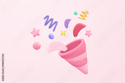 3d party poppers with flying confetti. Firecracker explodes with ribbon explode for surprise, winner, birthday party and anniversary with cone popper. 3d confetti bang icon vector render illustration