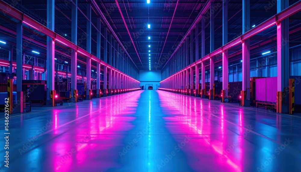 Fototapeta premium Neon-Lit Distribution Center with Robotic Pickers in Ambient Lighting