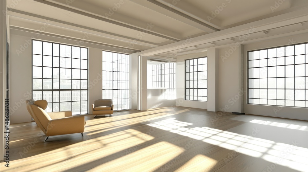 Fototapeta premium Sun-Drenched Loft Interior: Serene Ambiance with Modern Furniture and Spacious Layout